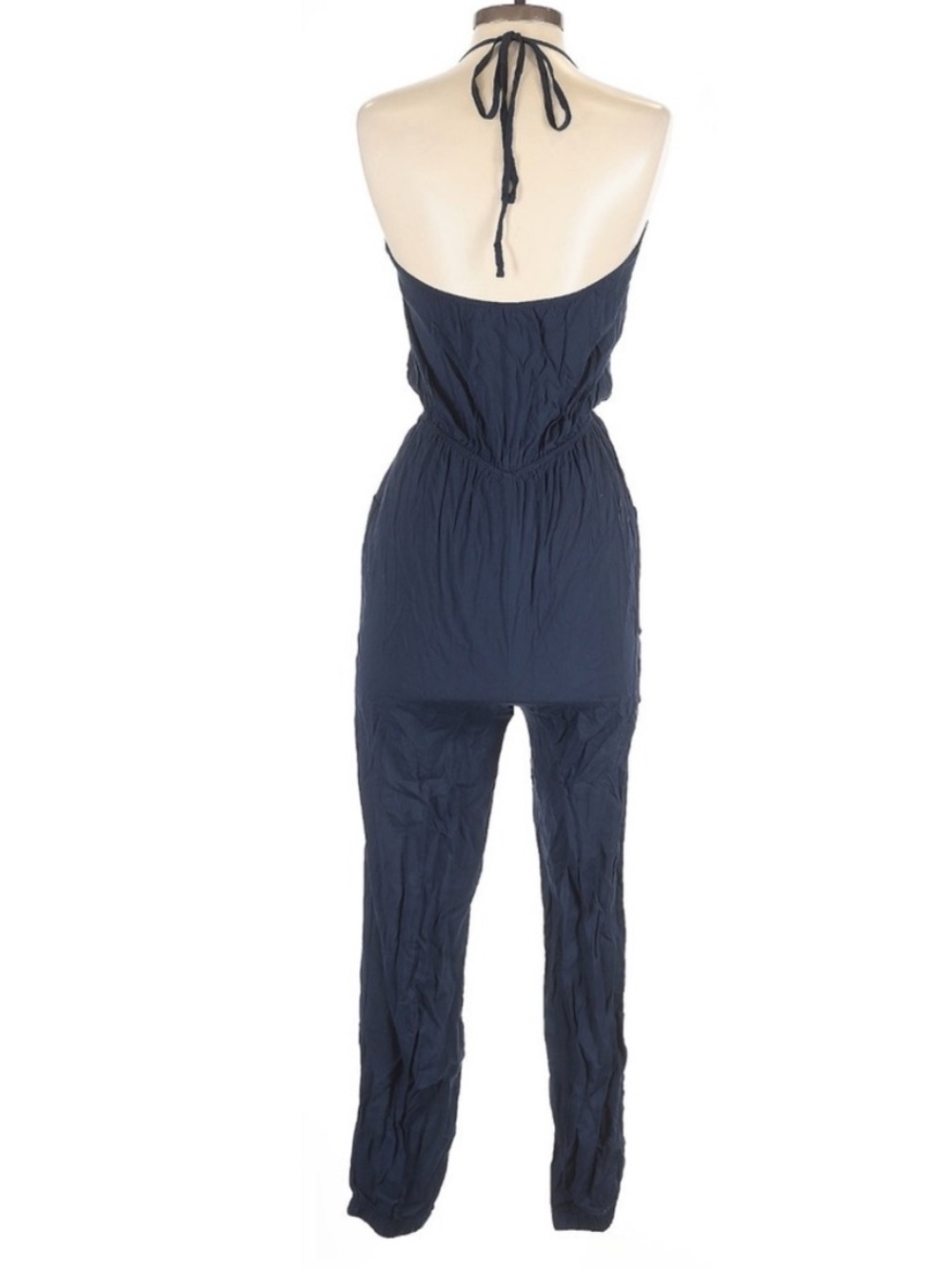 Lulus Learning To Fly Navy Halter Jumpsuit S Surplice Wrap Jogger Lightweight - Picture 3 of 5